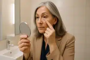 mature professional woman touching up her instantly ageless on a break