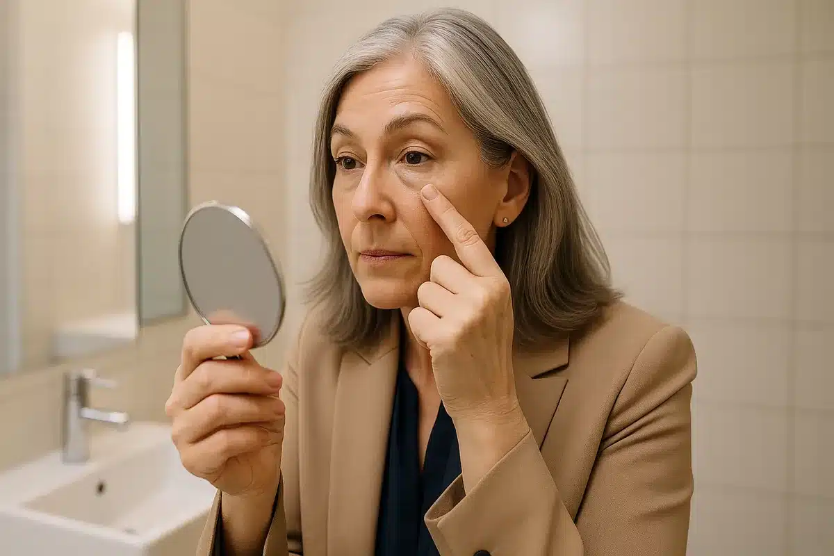 mature professional woman touching up her instantly ageless on a break